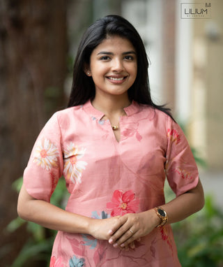 Blush Camellia Muslin Kurti | Floral Casual Wear