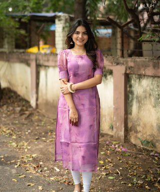 Orchid Purple Organza Kurti with Puff Sleeves