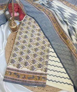 Halfwhite Grey Floral Cotton Unstitched Suit for Casual Wear
