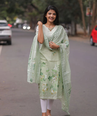 Mint Blossom Whisper Soft Cotton Kurti with Shawl