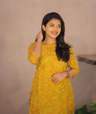 Marigold Mist Organza Kurti with 3/4 Sleeves