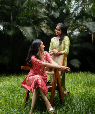 Peach Blossom Banaras Kurti With Open Slit Elbow Sleeve