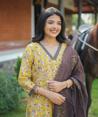 Elegant Yellow Muslin Silk 3-Piece Set with Embroidery