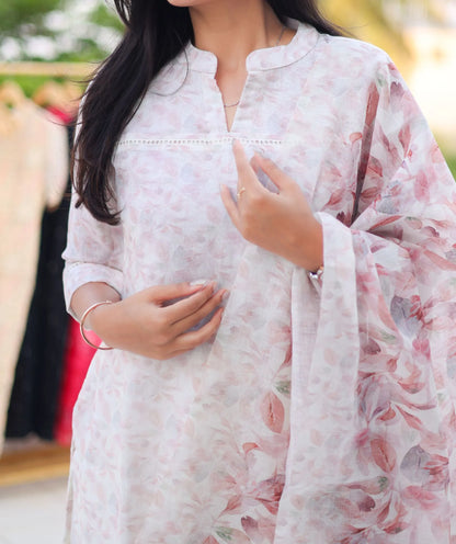 Dawn's Embrace - White Kurti With Soft Pink Floral Prints with Shawl