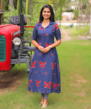 Berry Indigo Cotton A-Line Kurti with Elbow Sleeves