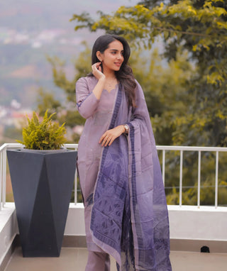 Smoky Mauve Hand Embroidered Slub Muslin 3 Piece Set