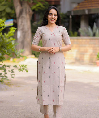 Royal Beige Handloom Cotton Coords Dress | Casual 44"