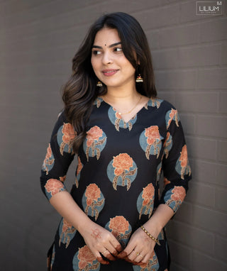 Midnight Terracotta Bloom Cotton Co-ord Set with Flared Bottom