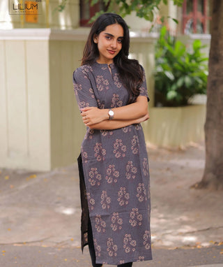 Mauve Slate Bloom Cotton Kurti with Elbow Sleeves