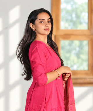 Raspberry Rose Blush Hand Embroidered A-Line Kurti with Shawl