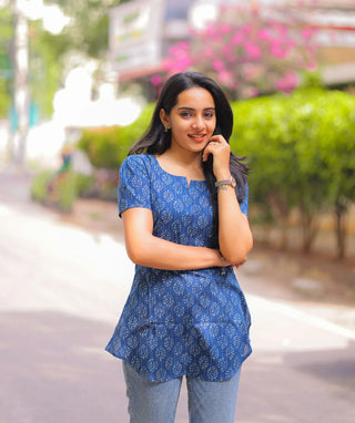 Azure Blue Handblock Cotton Short Top – Casual Wear