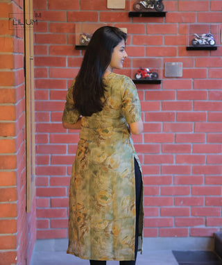 Olive Dew Shimmer Muslin Kurti – Elegant Elbow Sleeves