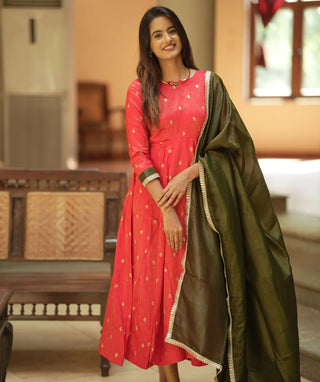 Vermilion Kali Cut Anarkali in Tissue Silk with Shawl - Traditional Wear