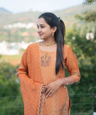 Peach Amber Glow Hand Embroidered Muslin 3 Piece Set