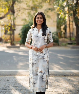 Whispering Petal Grey Muslin Kurti with Elbow Sleeves