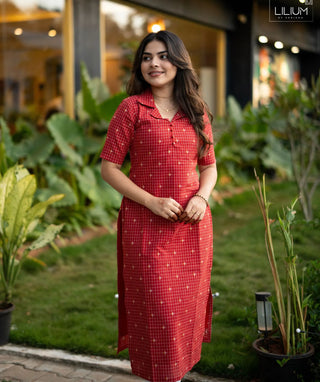 Crimson Check Cotton Kurti with Elbow Sleeves – Everyday Comfort