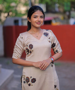 Champagne Sand Modal Silk Kurti with 3/4 Sleeves
