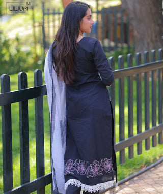 Midnight Onyx Embroidered Cotton 3 Piece Festive Set