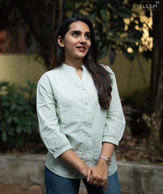 Pistachio Mist Embroidered Cotton Short Top