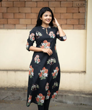 Ebony Flora Cotton A-Line Kurti with Pockets