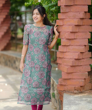 Viridian Shimmer Organza Knee-Length Kurti - Casual Chic