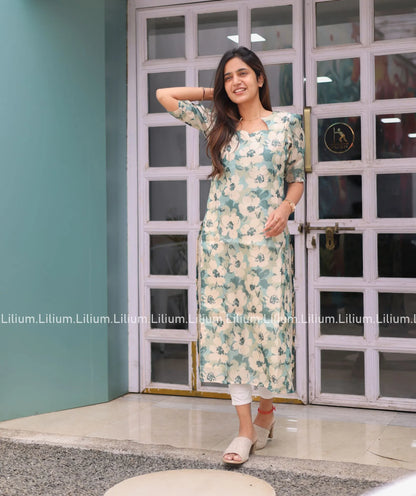 Pastel Green Tussar Kurti with Cream Blossom – Casual Wear