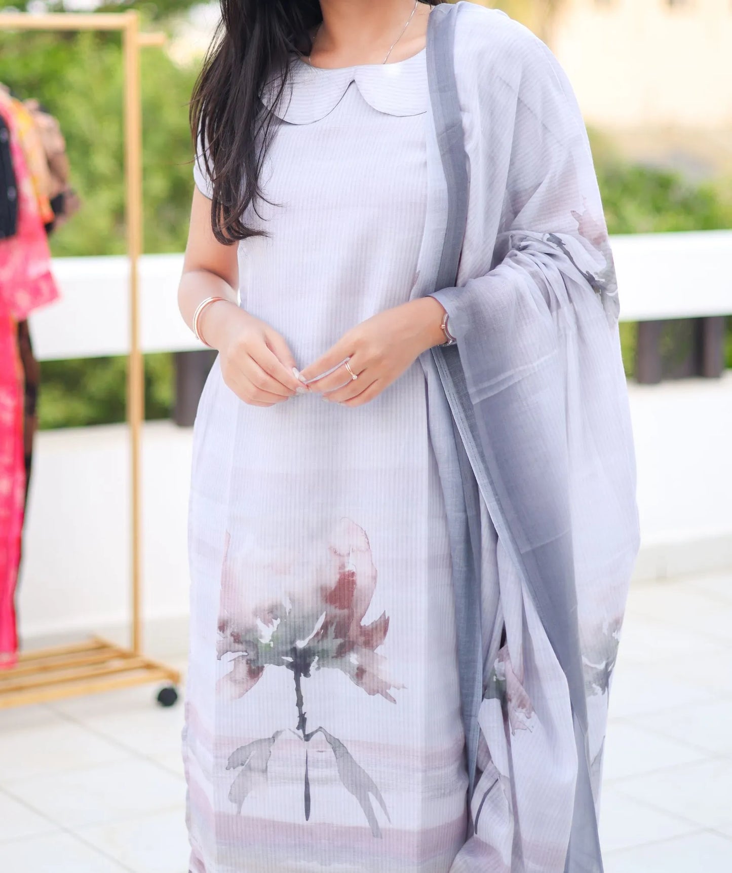 Abstract Aura - White With Grey Abstract Print Kurti with Shawl