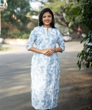 Skyline Blossom Blue Cotton Kurti – 3/4 Sleeve Style