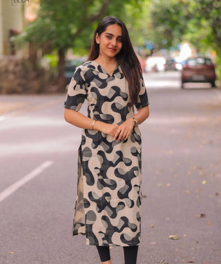 Pebble Noir Cotton Kurti with Elbow Sleeves for Casual Wear