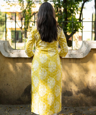 Lime Yellow Blossom Cotton Ready to Wear Kurti – Casual Style