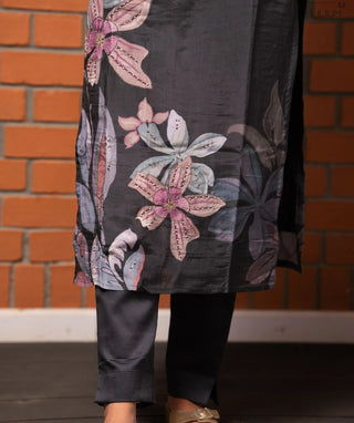 Charcoal Noir Hand Embroidered Muslin 3 Piece Festive Set