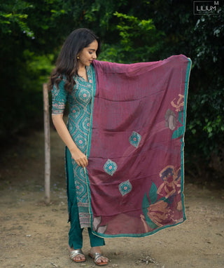 Aqua Teal Pure Banaras Silk 3 Piece Festive Set