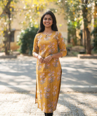 Golden Marigold Cotton Kurti with 3/4 Sleeves – Casual