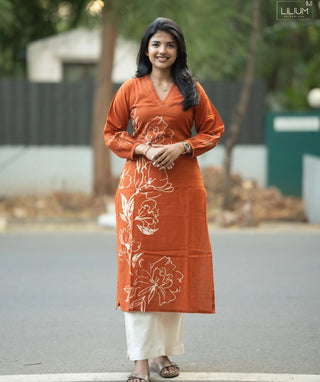 Burnt Sienna Bloom Slub Cotton Co-Ord Set with Pockets