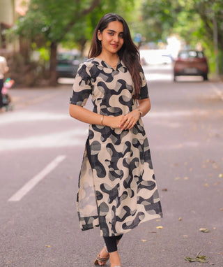 Pebble Noir Cotton Kurti with Elbow Sleeves for Casual Wear