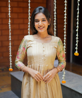 Festive Maxi Dress in Cream Tussar Silk with Blossom Print