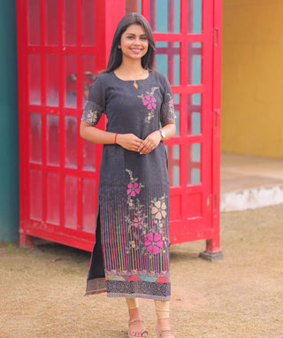 Noir Petals Cotton Kurti with Elbow Sleeves for Daily Wear