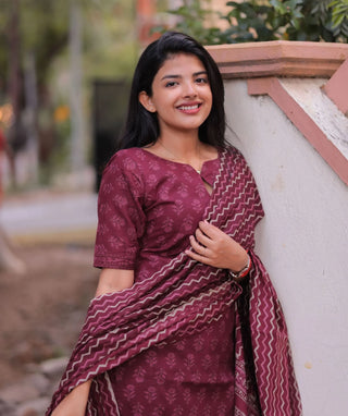 Mulberry Wine Cotton 3-Piece Set with Elbow Sleeves