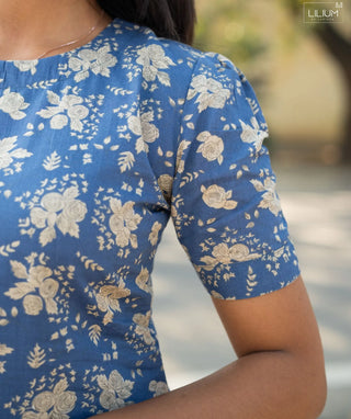 Denim Blossom Cotton Kurti with Elbow Sleeves – Casual