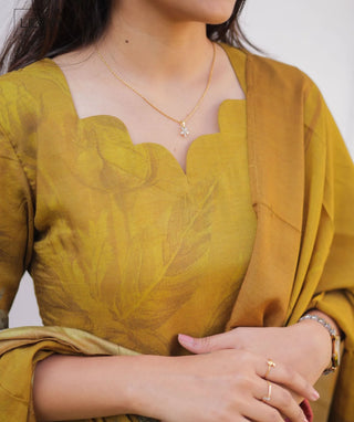 Antique Mustard Gold Hand Embroidered Muslin 3 Piece Set