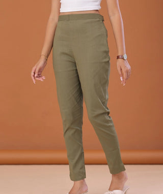 Olive Mist Cotton Lycra Ready-to-Wear Bottom with Pockets