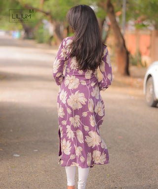 Floral Lavander Cotton Kurti with Open Slit & 3/4th Sleeves