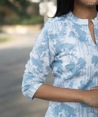Skyline Blossom Blue Cotton Kurti – 3/4 Sleeve Style