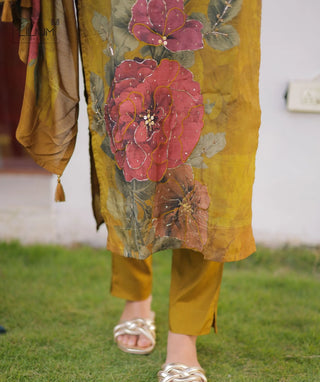 Antique Mustard Gold Hand Embroidered Muslin 3 Piece Set