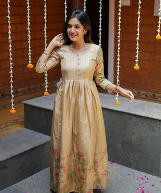 Festive Maxi Dress in Cream Tussar Silk with Blossom Print