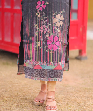Noir Petals Cotton Kurti with Elbow Sleeves for Daily Wear