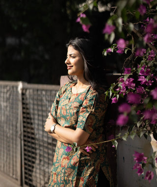 Emerald Garden Bloom Cotton Kurti with Elbow Sleeves