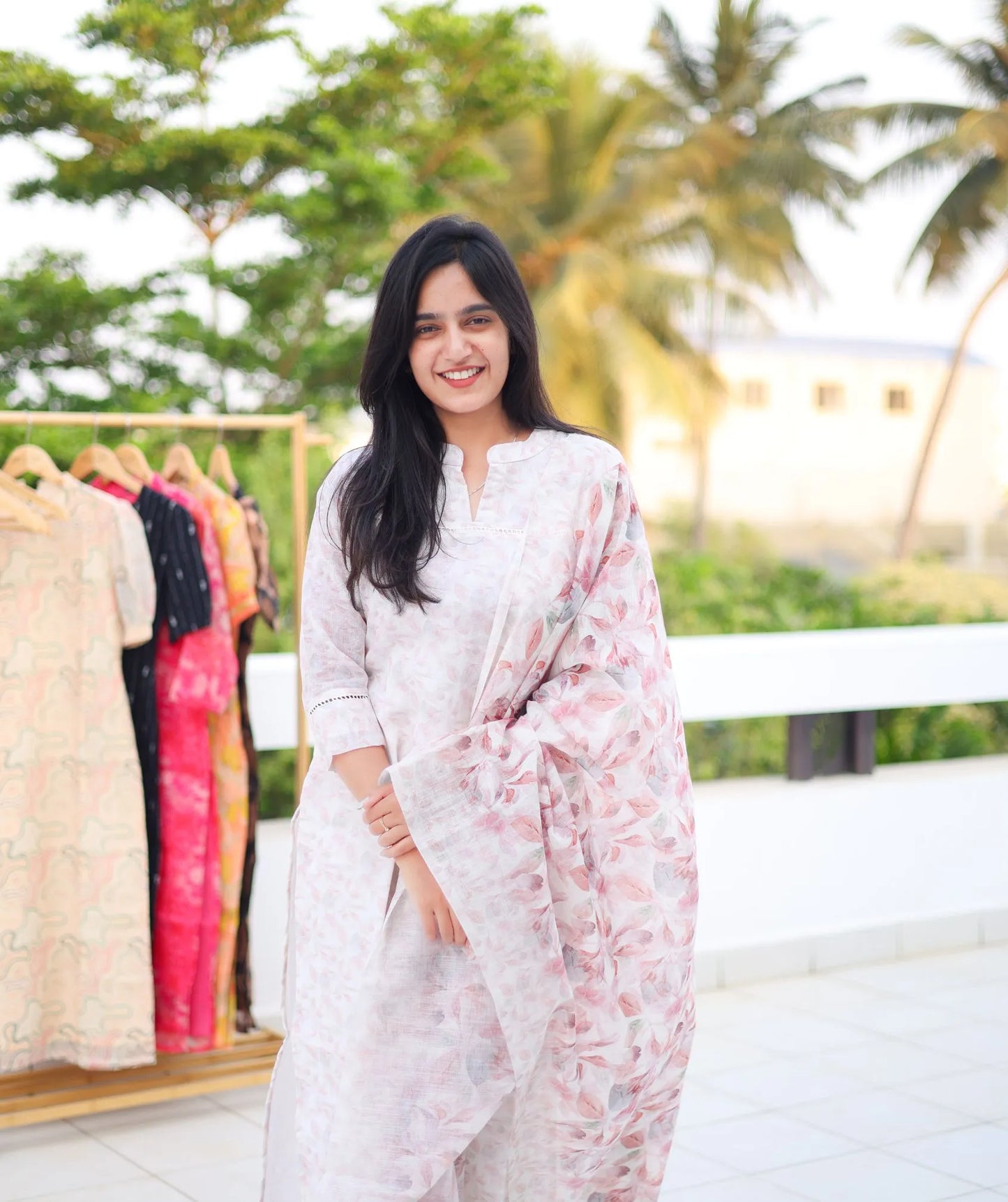 Dawn's Embrace - White Kurti With Soft Pink Floral Prints with Shawl