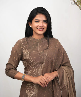 Mocha Bronze Blossom Muslin 3 Piece Festive Wear Set