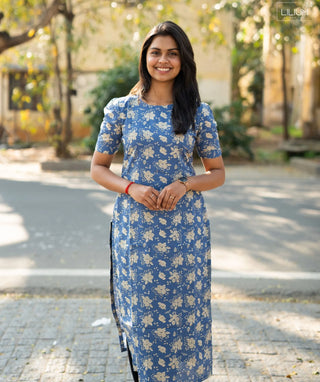 Denim Blossom Cotton Kurti with Elbow Sleeves – Casual